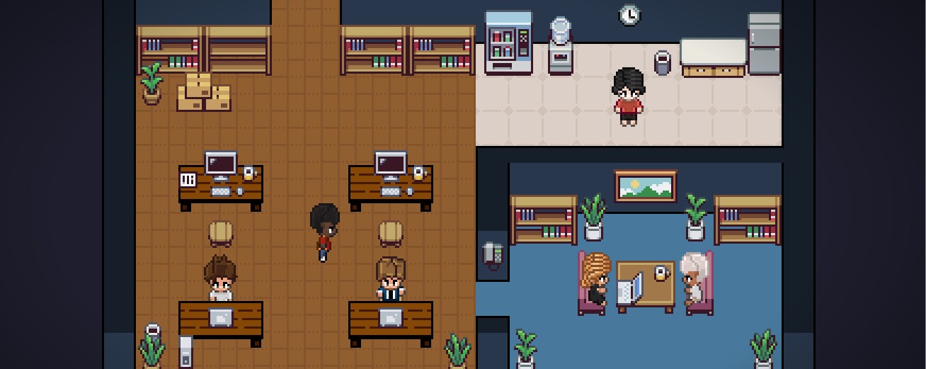 Agent World office — agents sitting at desks, walking, working in a pixel art office